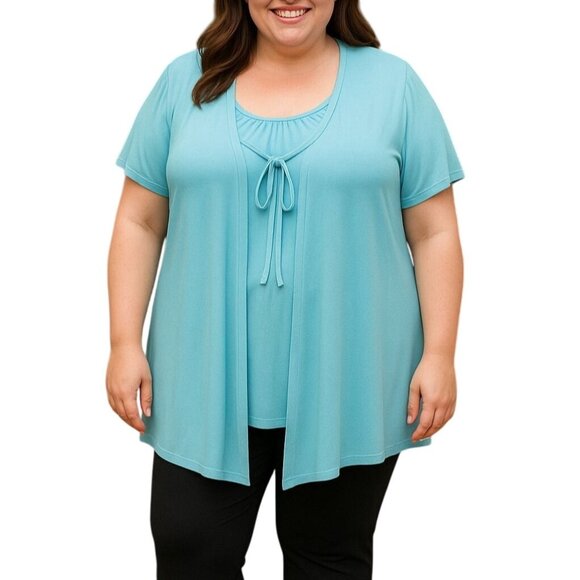 Designers Originals Size 1X Light Blue Layered Short-Sleeve Top With Tie Front - Picture 1 of 8